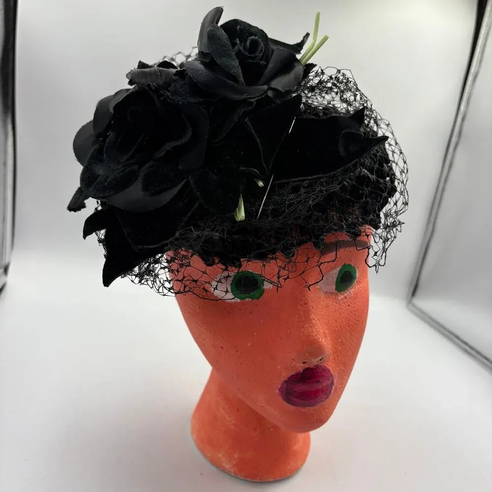 Vintage Black Rose Birdcage Mesh Veil Tilt Topper Fascinator Hat & Hat Pins Lot
